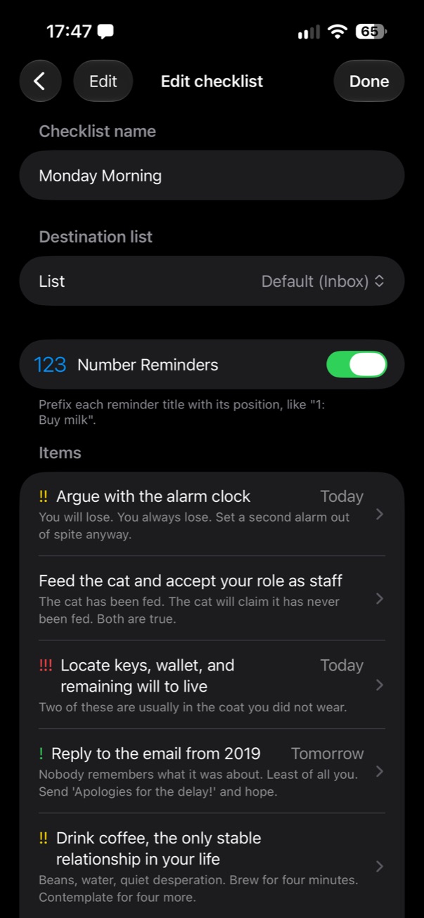 Editing a checklist's items on iPhone