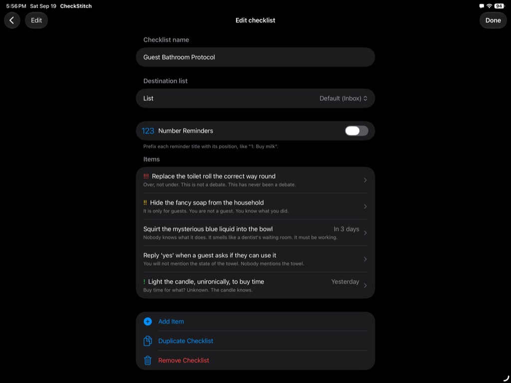 Editing a checklist on iPad