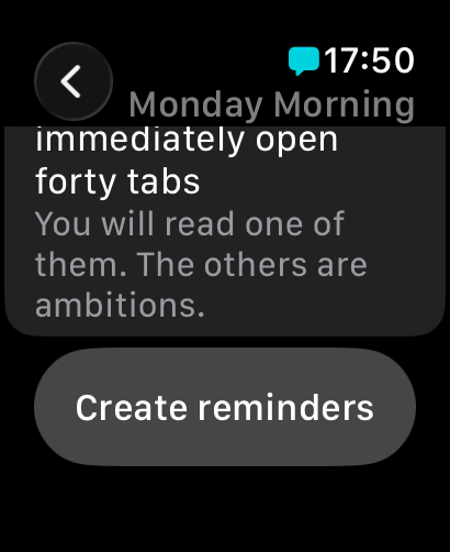 Apple Watch showing the Create reminders button