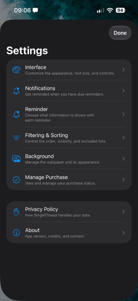 The SingleThread settings list