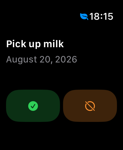 Apple Watch showing a reminder with Complete and Skip buttons